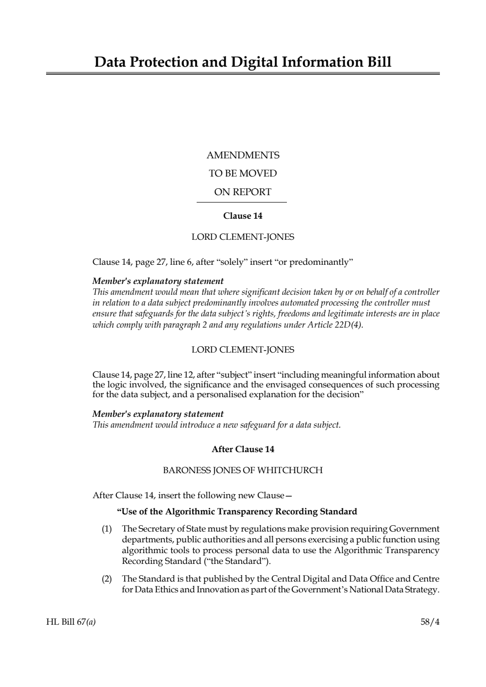 Data Protection and Digital Information Bill Amendments to be moved on report