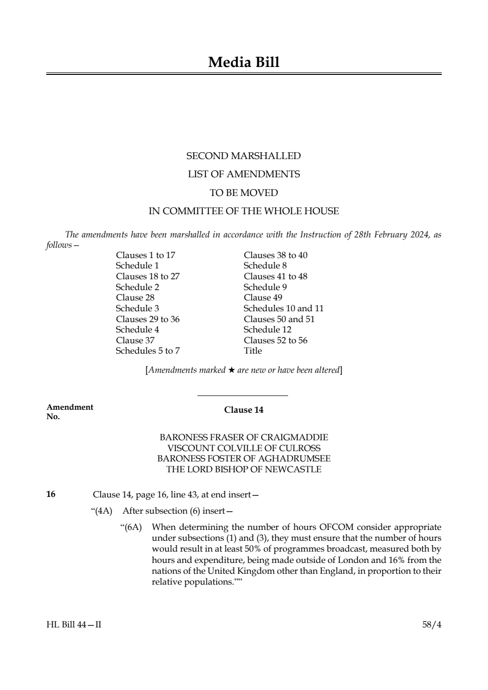 Media Bill Second Marshalled List of amendments to be moved in Committee of the Whole House