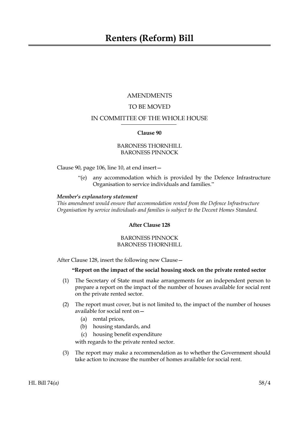 Renters (Reform) Bill Amendments to be moved in Committee of the Whole House