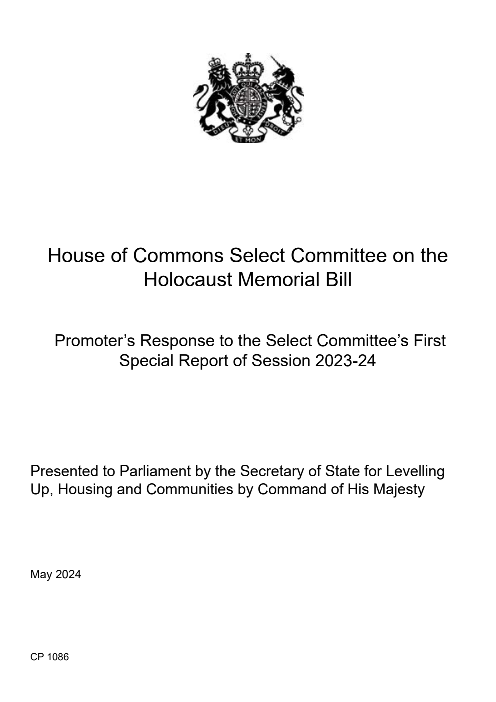 House of Commons Select Committee on the Holocaust Memorial Bill. Promoter’s Response to the Select Committee’s First Special Report of Session 2023-24