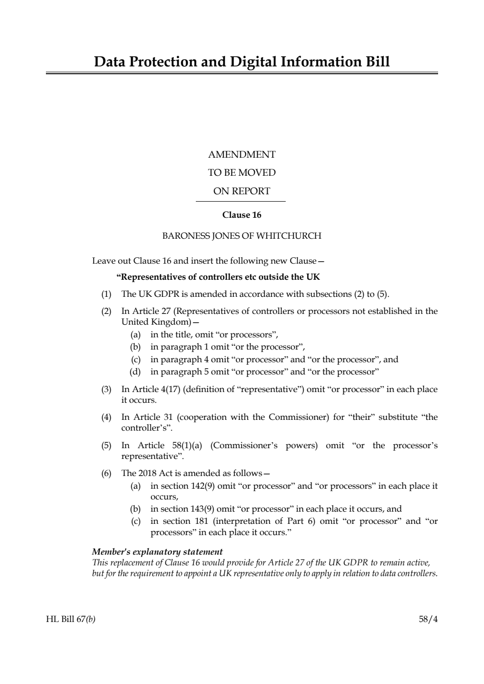 Data Protection and Digital Information Bill Amendment to be moved on report