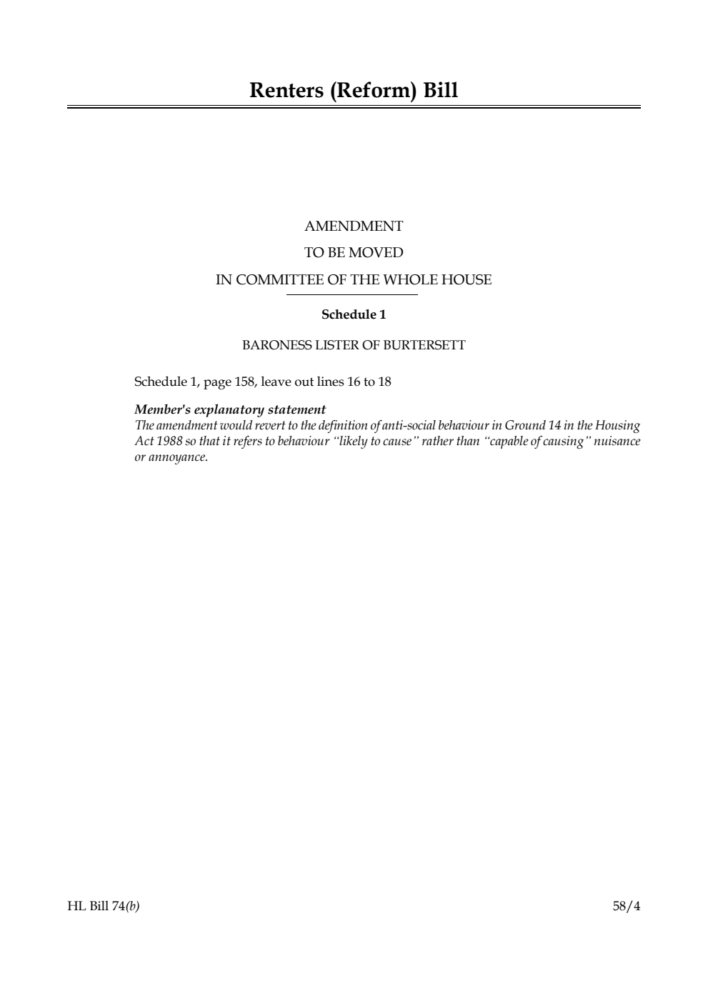 Renters (Reform) Bill Amendment to be moved in Committee of the Whole House