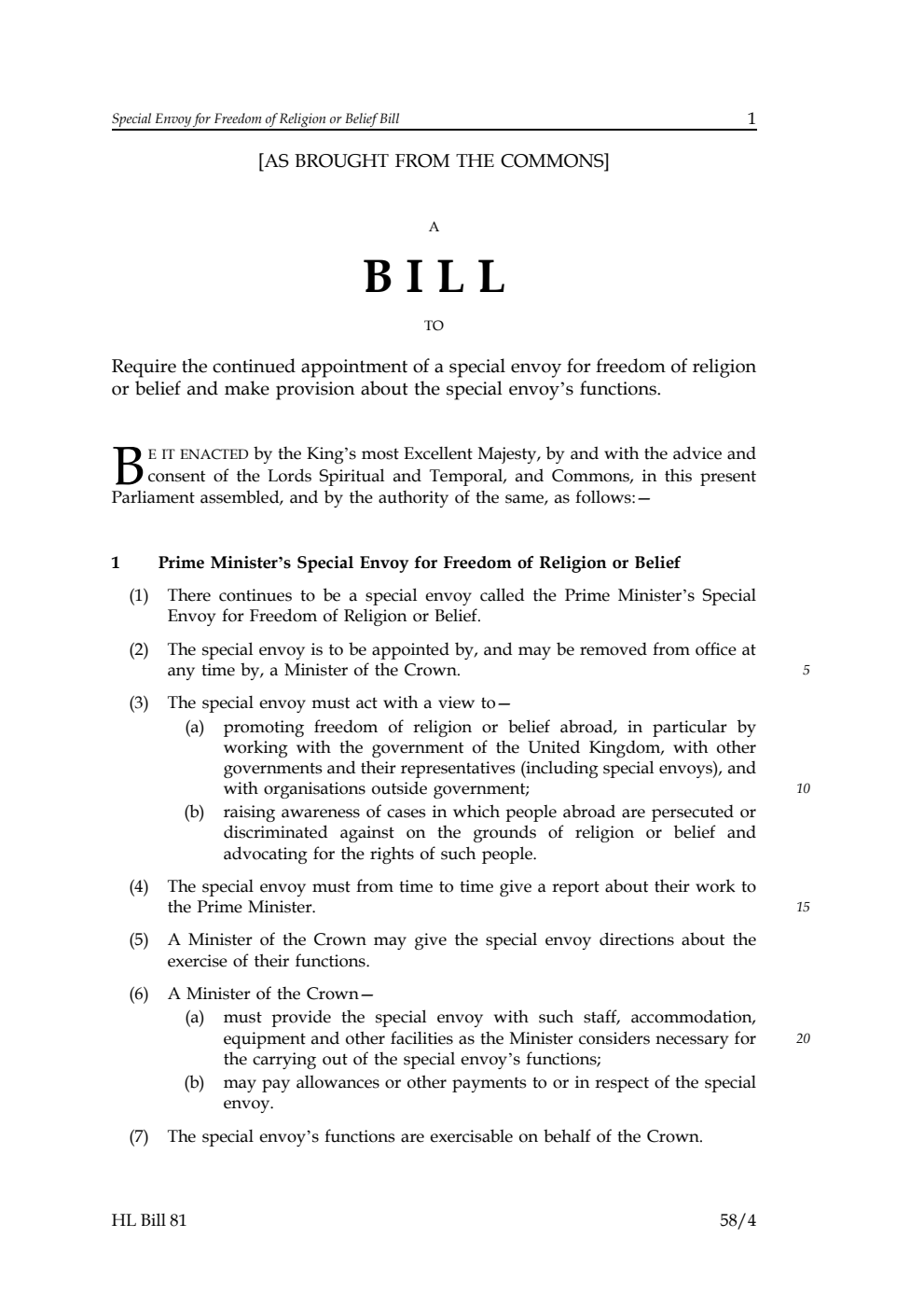 Special Envoy for Freedom of Religion or Belief Bill [as brought from the Commons]
