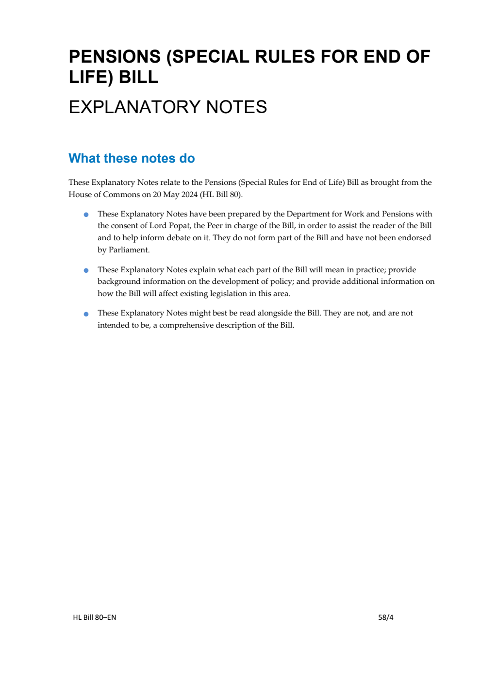 Pensions (Special Rules for End of Life) Bill Explanatory Notes