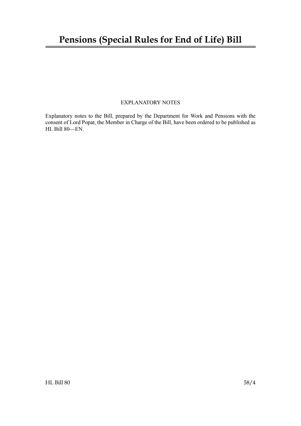 Pensions (Special Rules for End of Life) Bill