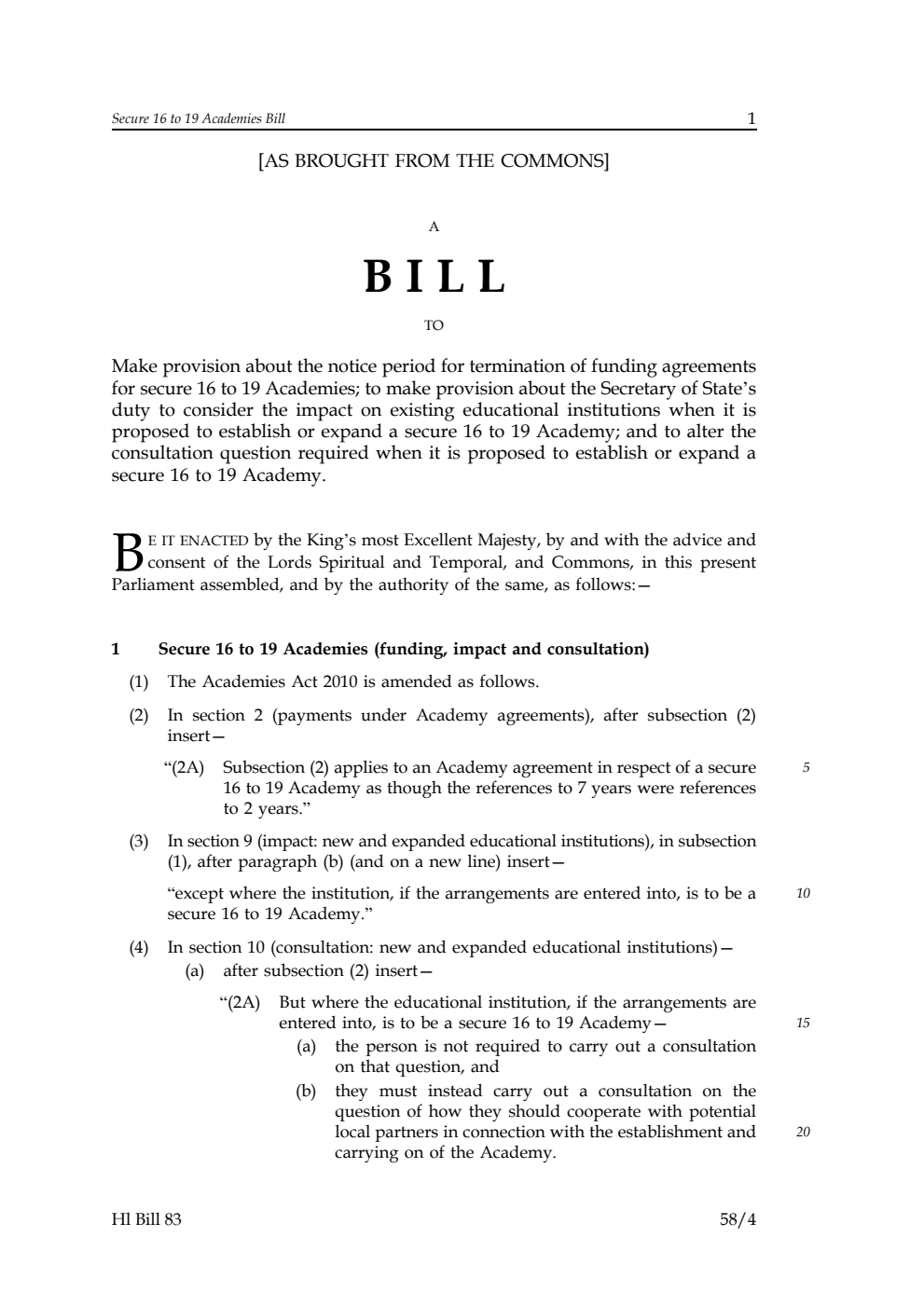 Secure 16 to 19 Academies Bill [as brought from the Commons]