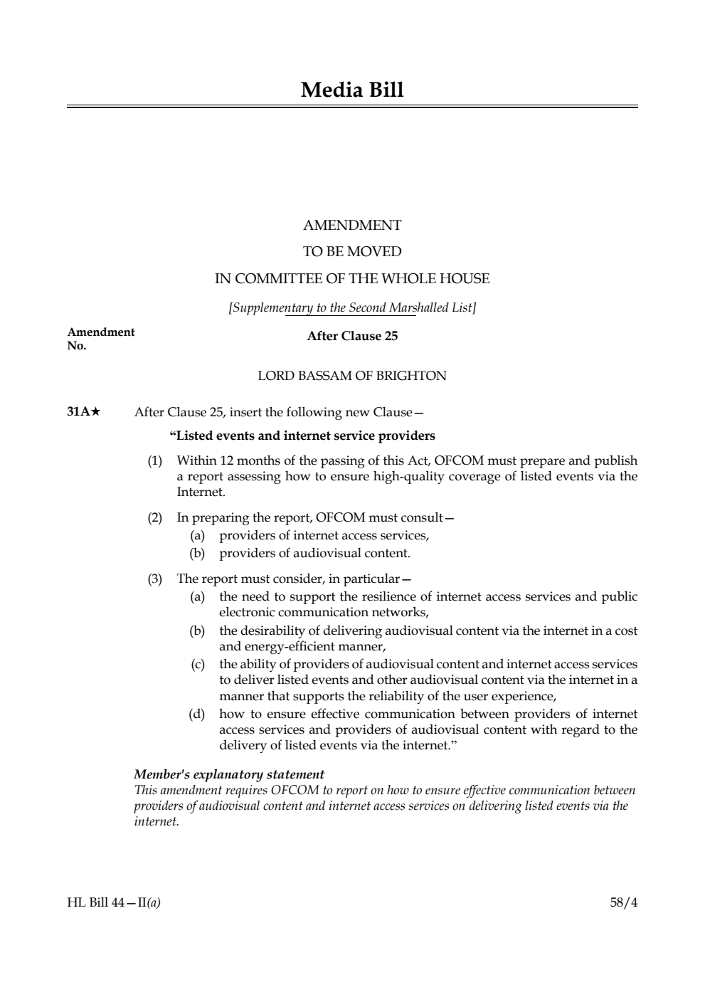 Media Bill Amendment to be moved in Committee of the Whole House [Supplementary to the Second Marshalled List]