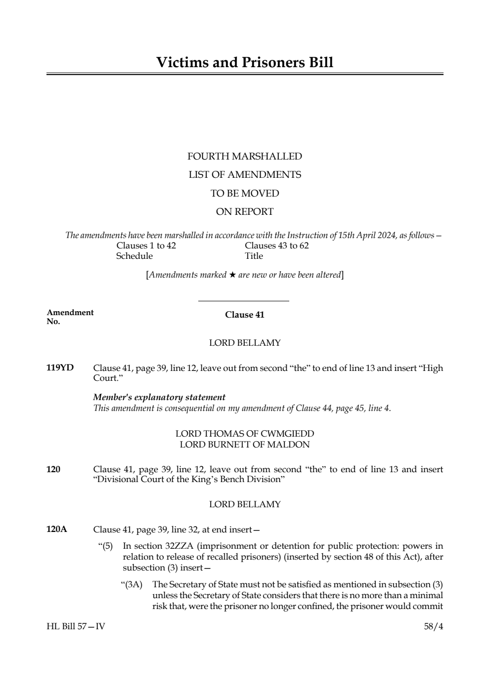 Victims and Prisoners Bill Fourth Marshalled List of amendments to be moved on report
