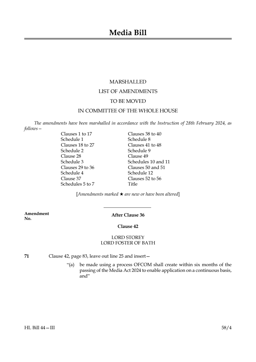 Media Bill Marshalled List of amendments to be moved in Committee of the Whole House