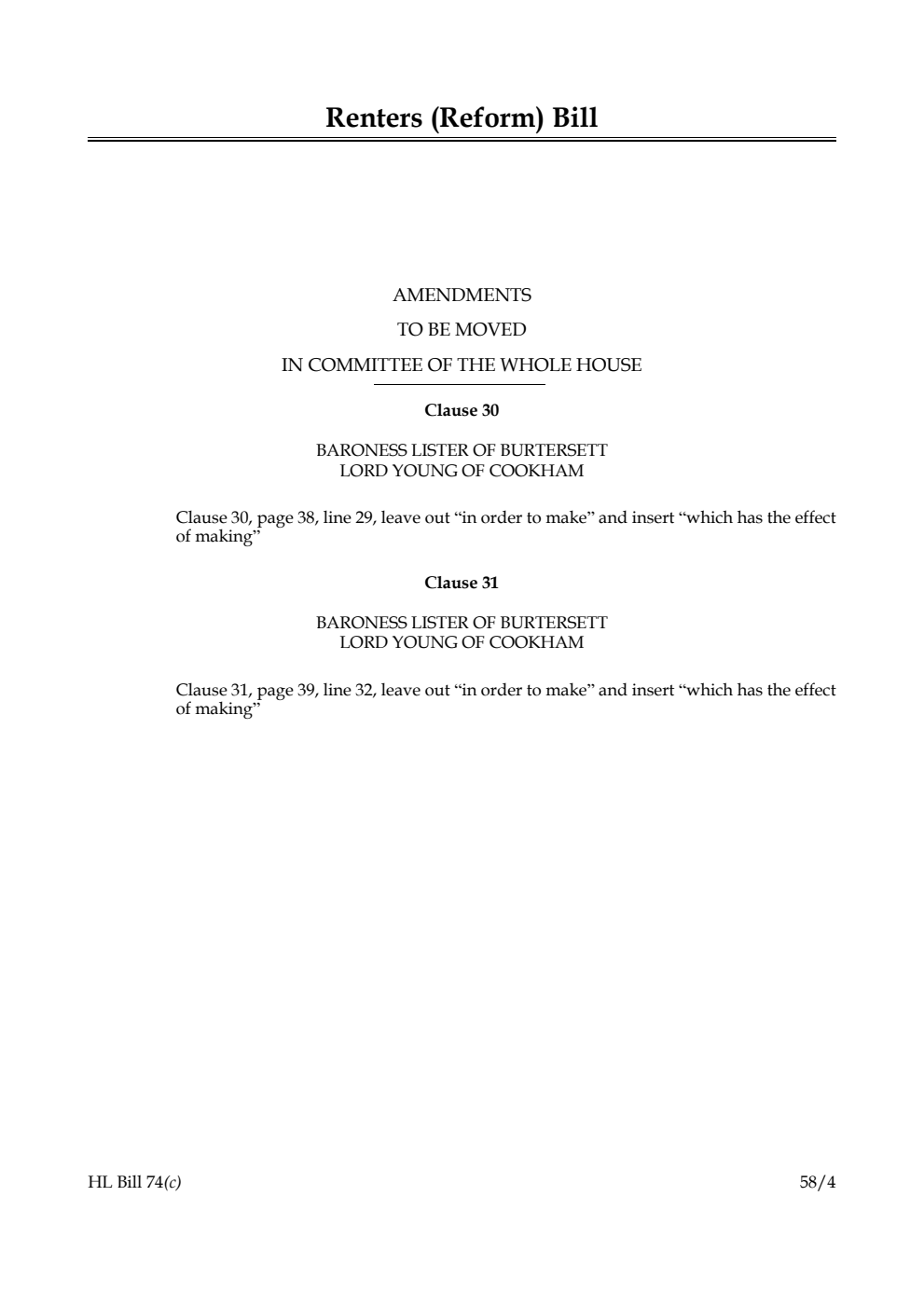 Renters (Reform) Bill Amendments to be moved in Committee of the Whole House