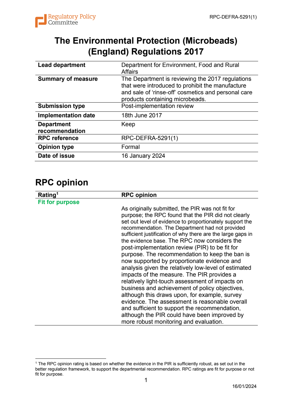 Post-implementation review: Environmental Protection (Microbeads) (England) Regulations 2017