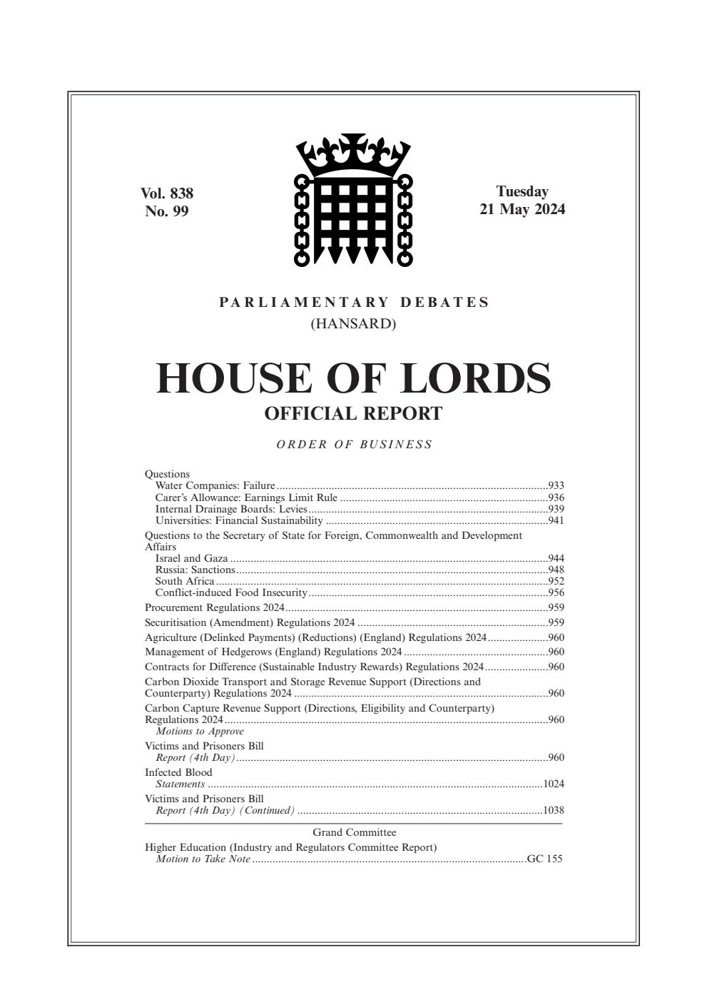HOL Daily Hansard Vol. 838, No. 99 21.05.24