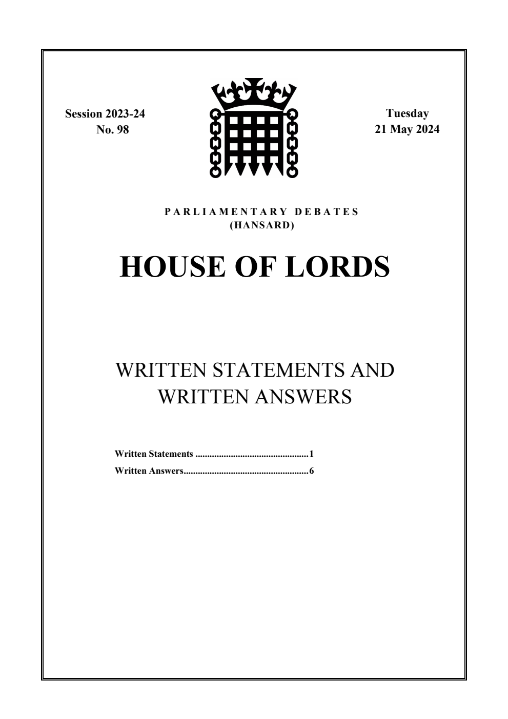 HOL Daily Report Written Statements and Answers 21.05.24