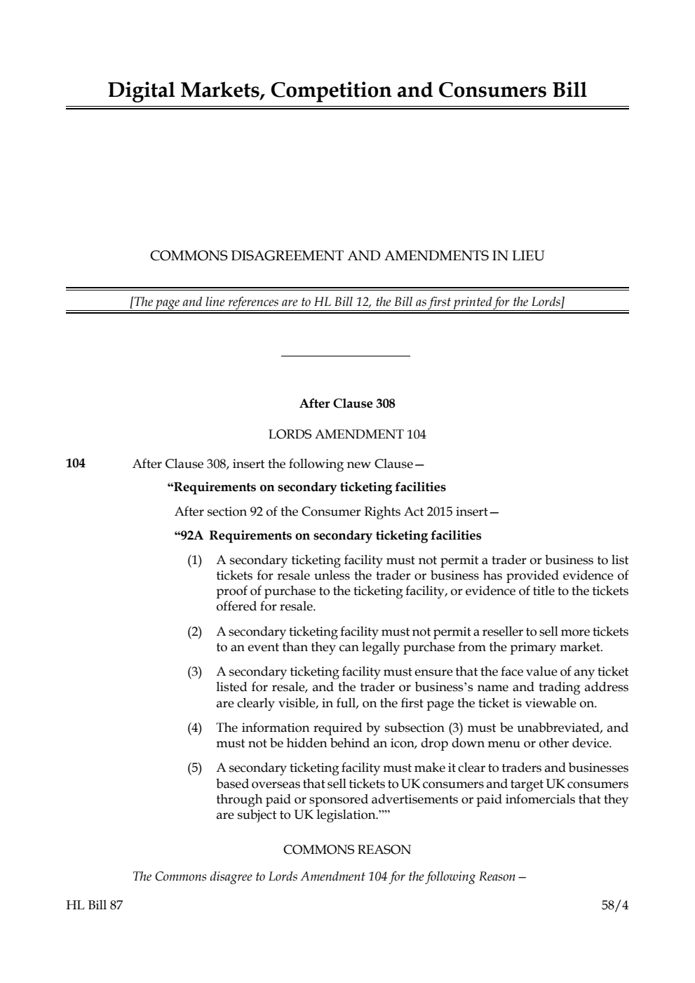 Digital Markets, Competition and Consumers Bill Commons disagreement and amendments in lieu