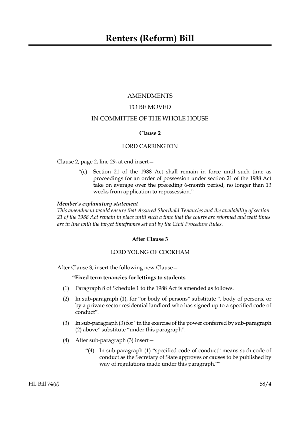 Renters (Reform) Bill Amendments to be moved in Committee of the Whole House