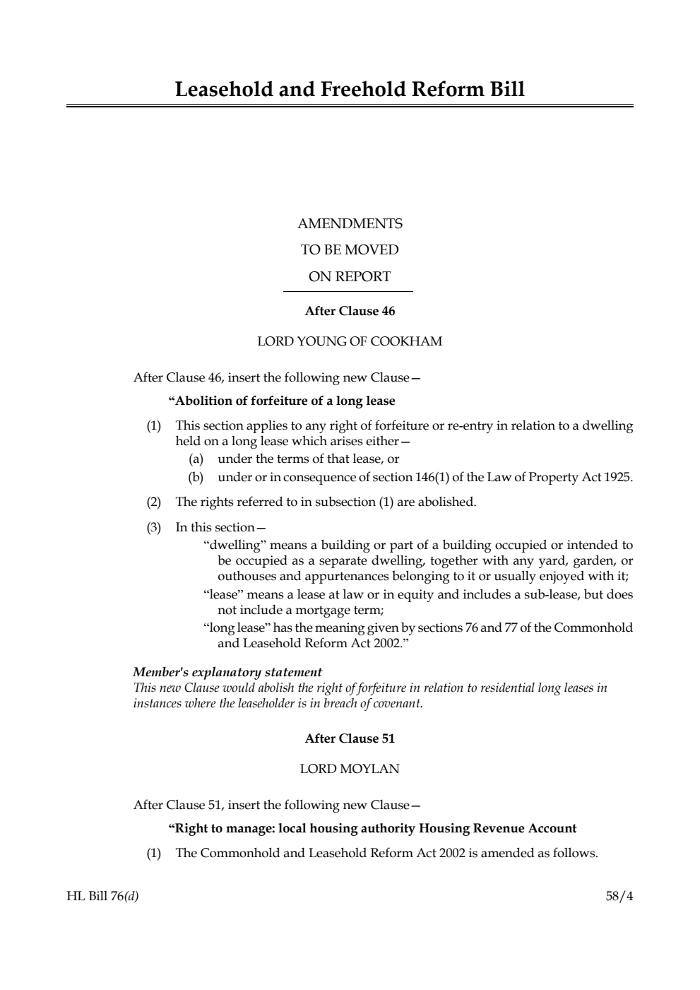 Leasehold and Freehold Reform Bill Amendments to be moved on report