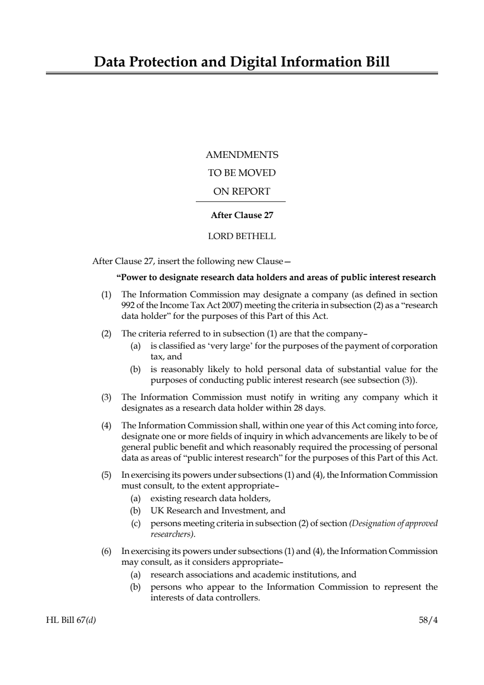 Data Protection and Digital Information Bill Amendments to be moved on report