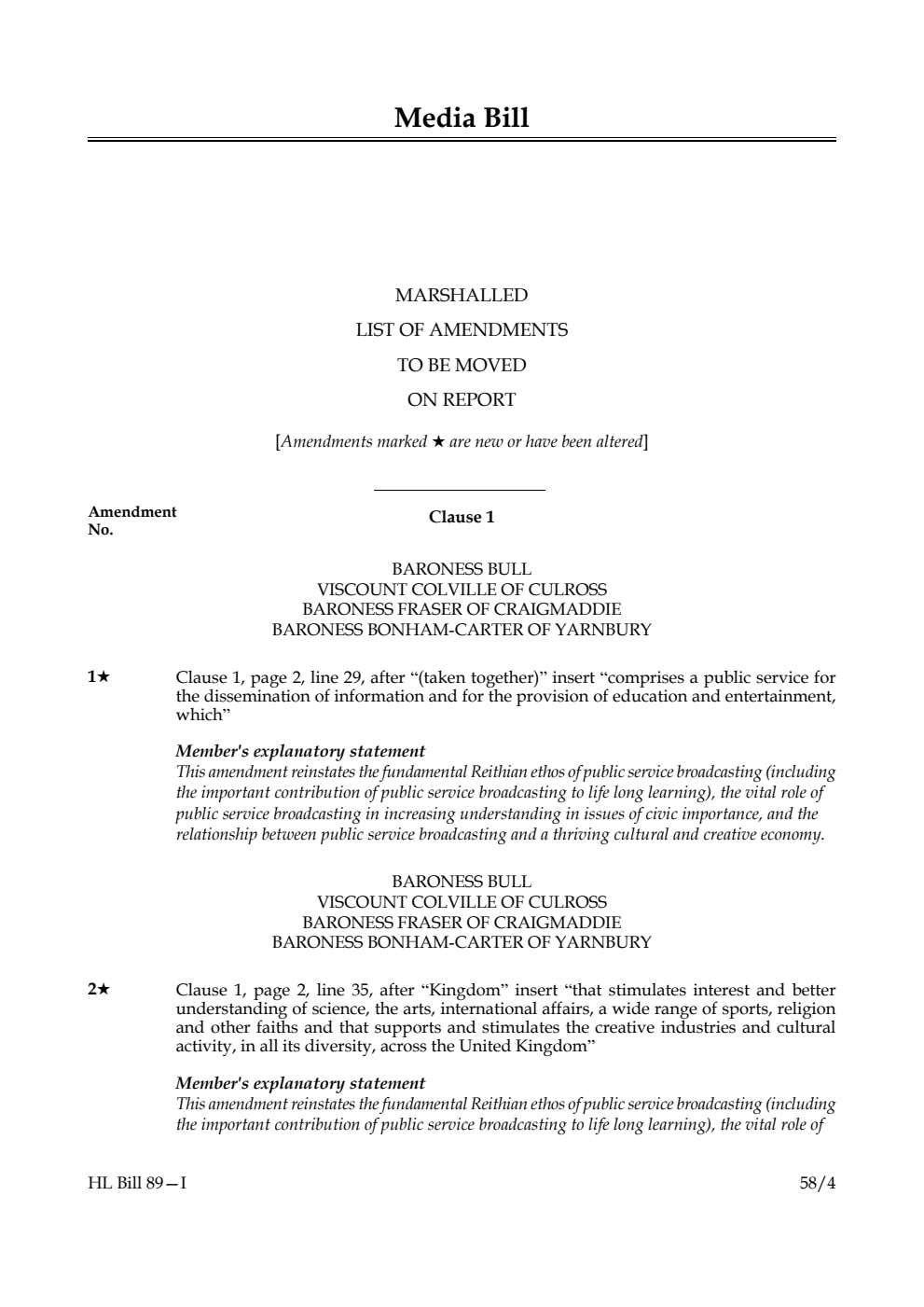 Media Bill Marshalled List of amendments to be moved on report