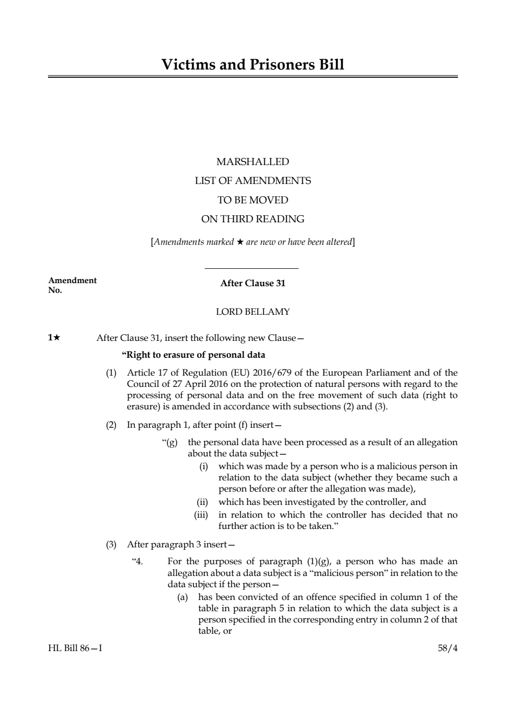 Victims and Prisoners Bill Marshalled List of amendments to be moved on third reading