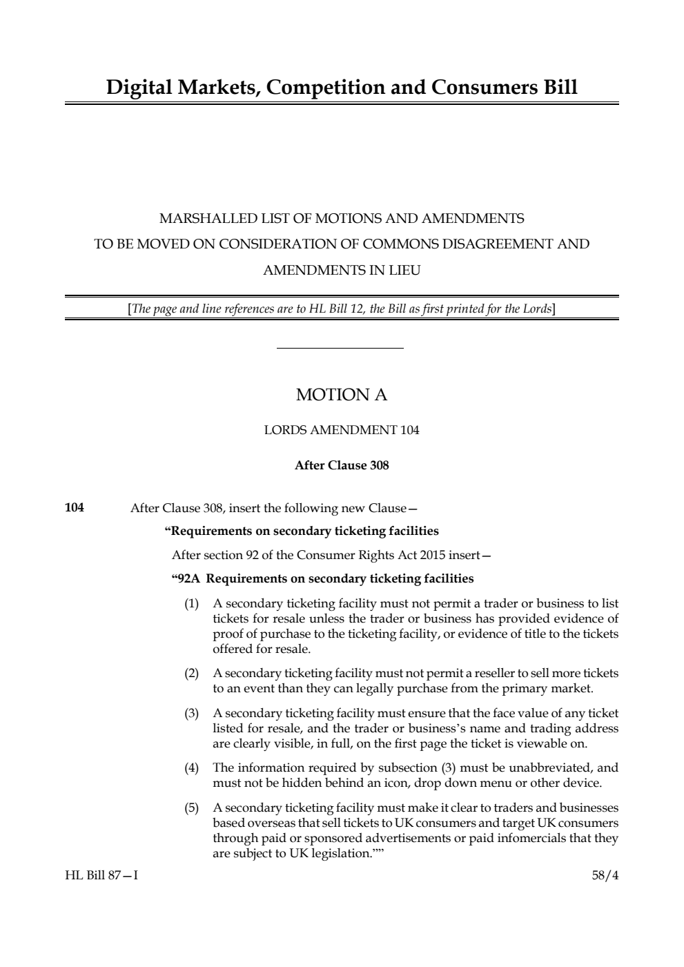Digital Markets, Competition and Consumers Bill Marshalled List of motions and amendments to be moved on consideration of Commons disagreement and amendments in lieu