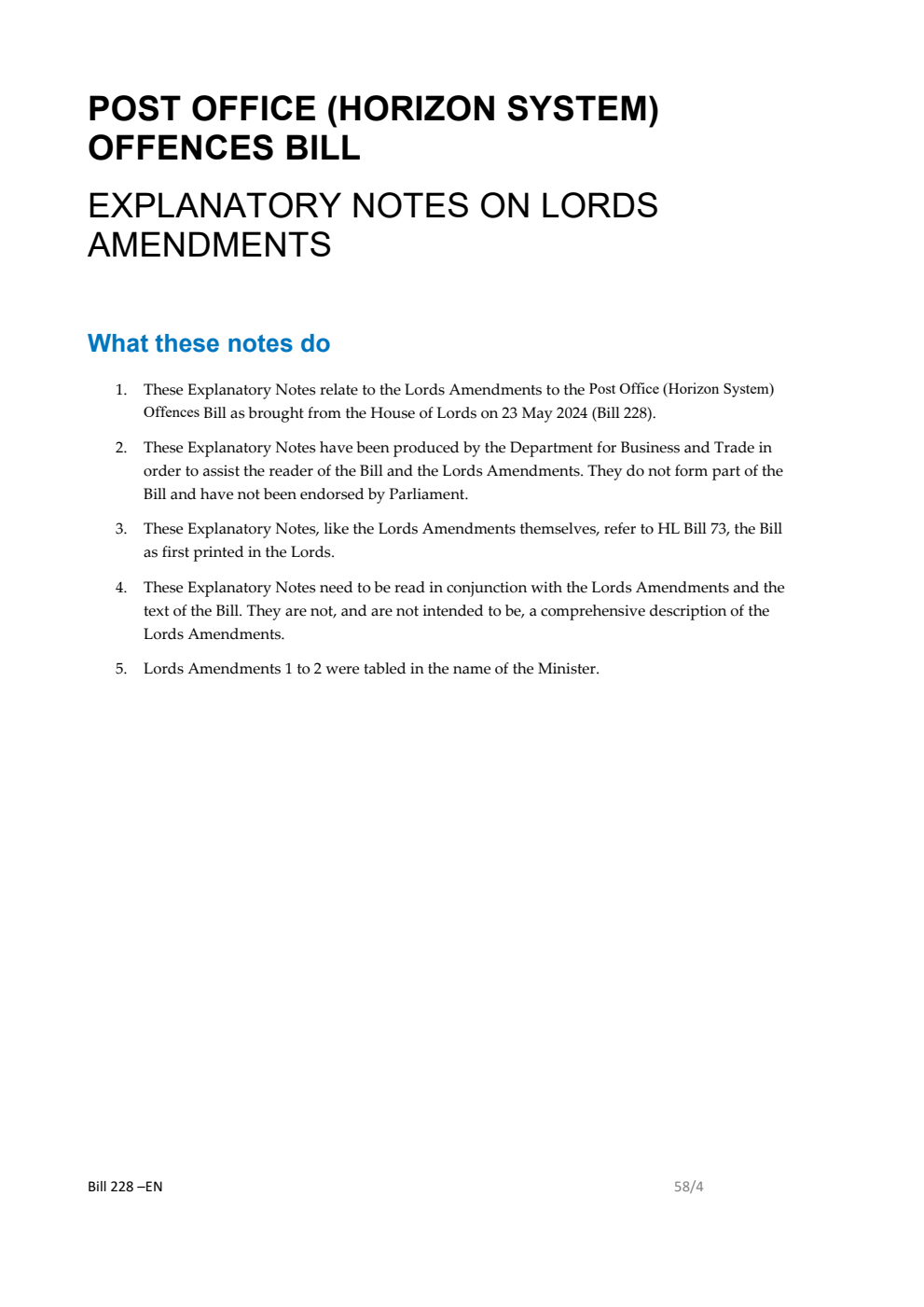 Post Office (Horizon System) Offences Bill Explanatory Notes on Lords Amendments