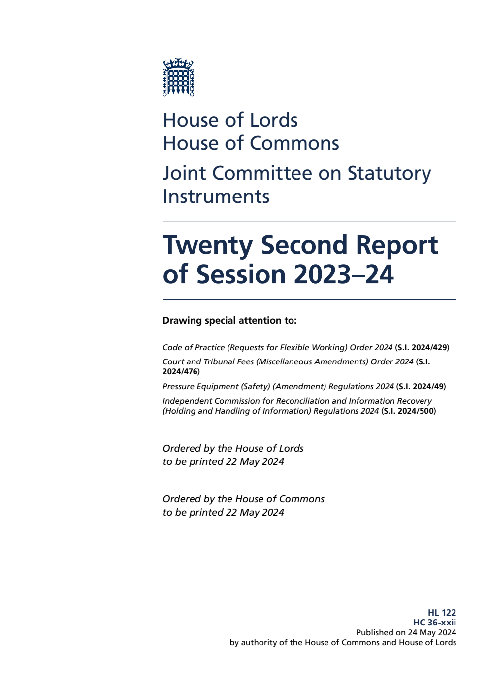 Joint Committee on Statutory Instruments 22nd Report of Session 2023-24