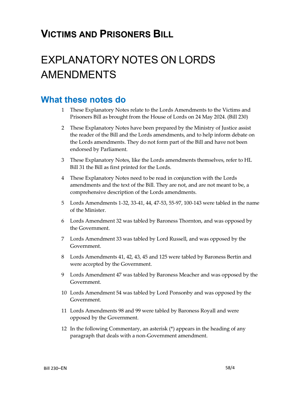 Victims and Prisoners Bill Explanatory Notes on Lords Amendments