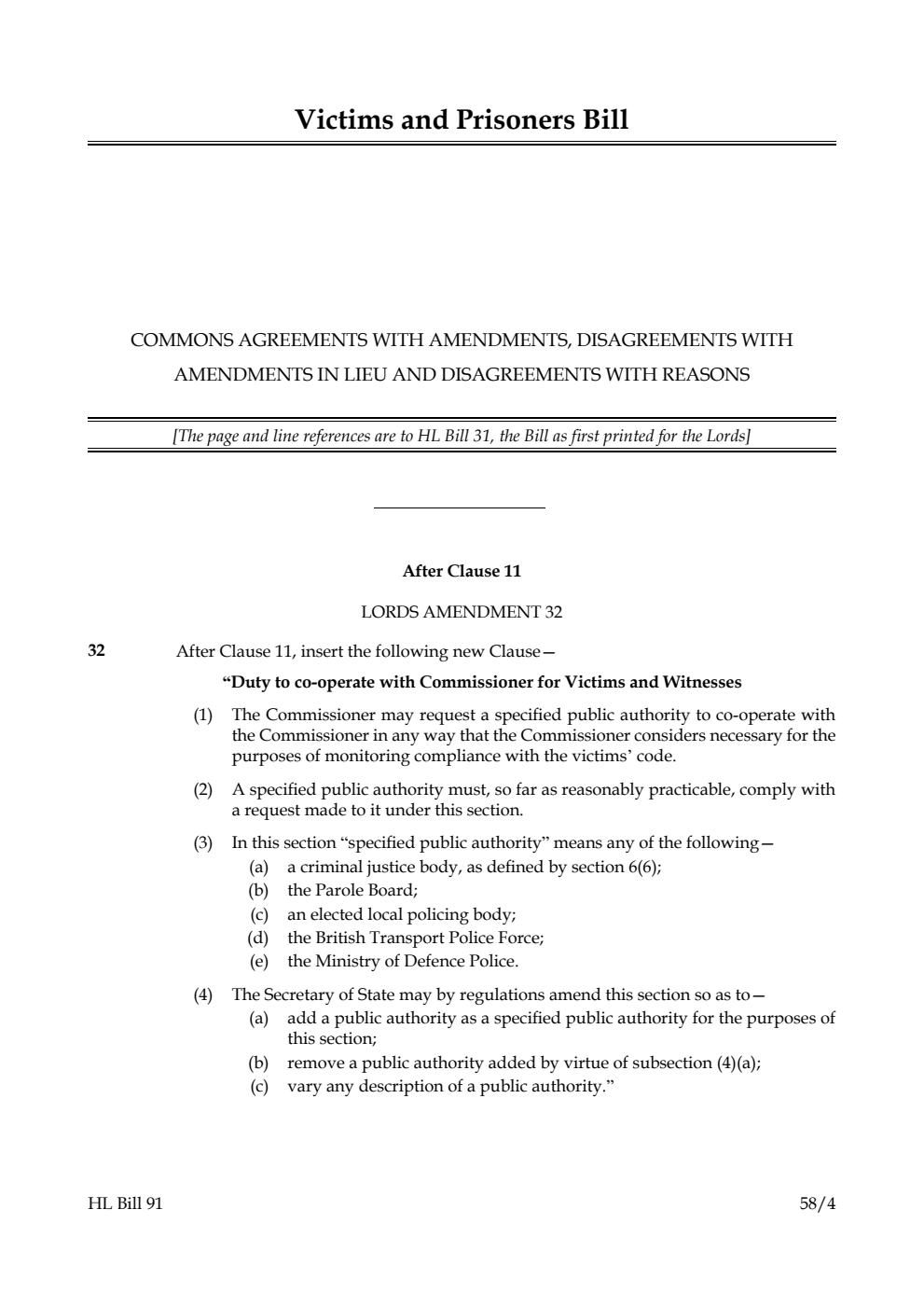 Victims and Prisoners Bill Commons agreements with amendments, disagreements with amendments in lieu and disagreements with reasons