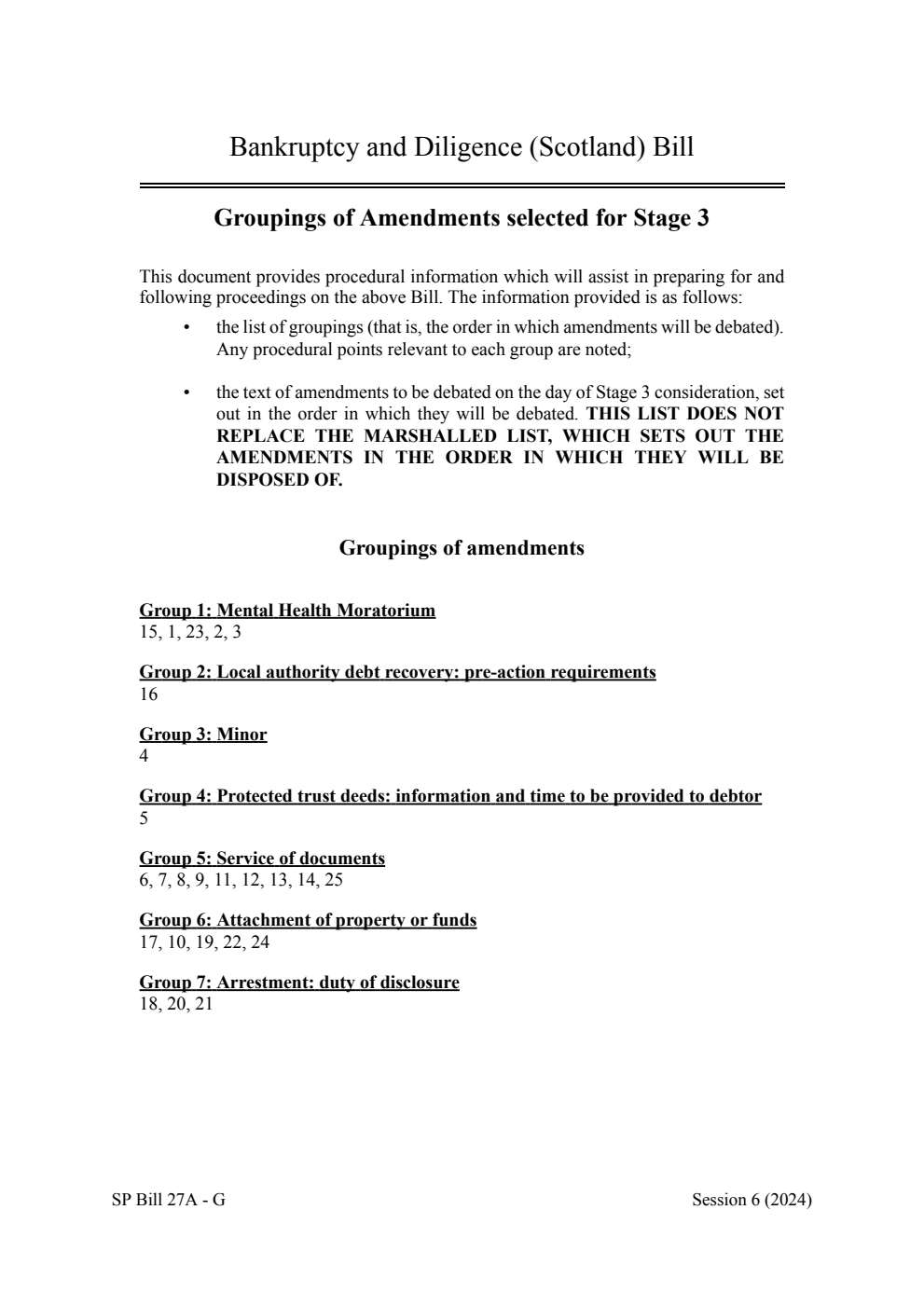 Bankruptcy and Diligence (Scotland) Bill Groupings of Amendments selected for Stage 3