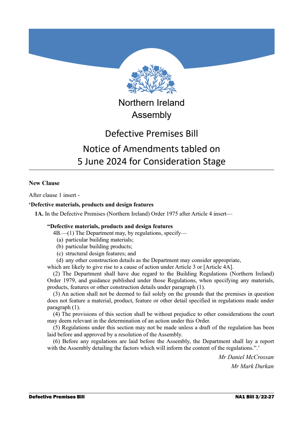 Defective Premises Bill Notice of Amendments tabled on 5 June 2024 for Consideration Stage