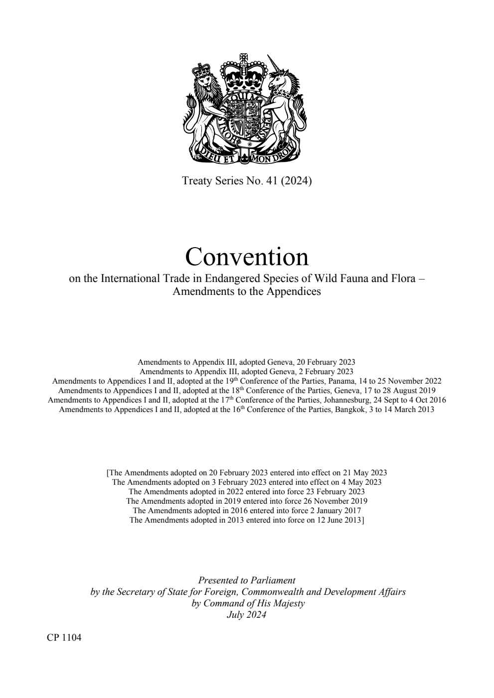 Treaty Series No. 41 (2024) Convention on the International Trade in Endangered Species of Wild Fauna and Flora – Amendments to the Appendices