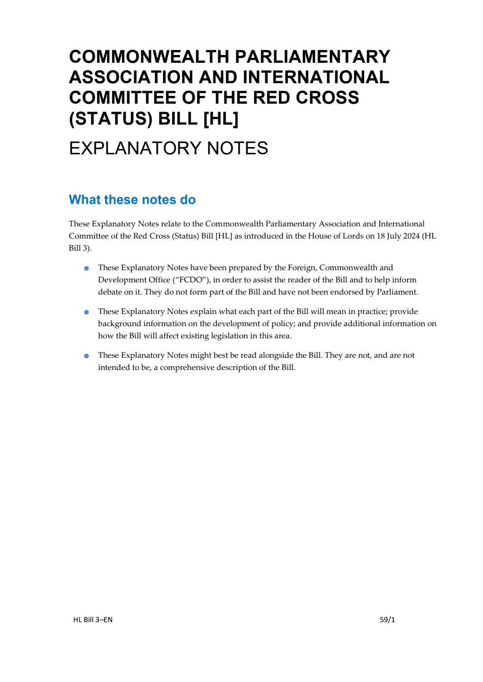 Commonwealth Parliamentary Association and International Committee of the Red Cross (Status) Bill Explanatory Notes