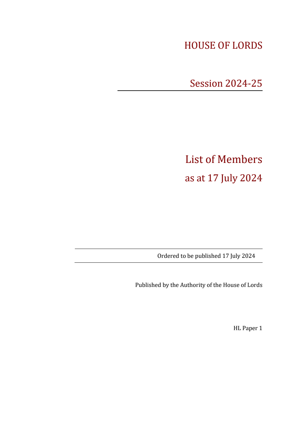House of Lords: List of Members as at 17 July 2024