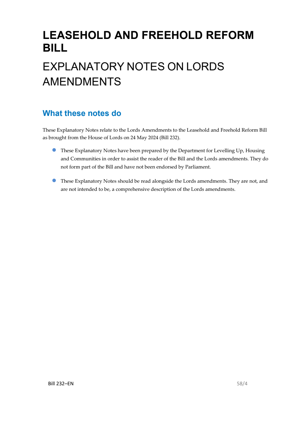 Leasehold and Freehold Reform Bill Explanatory Notes on Lords Amendments