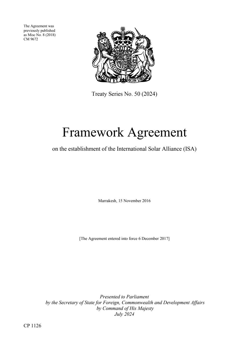 Treaty Series No. 50 (2024) Framework Agreement on the establishment of the International Solar Alliance (ISA).  Marrakesh, 15 November 2016 