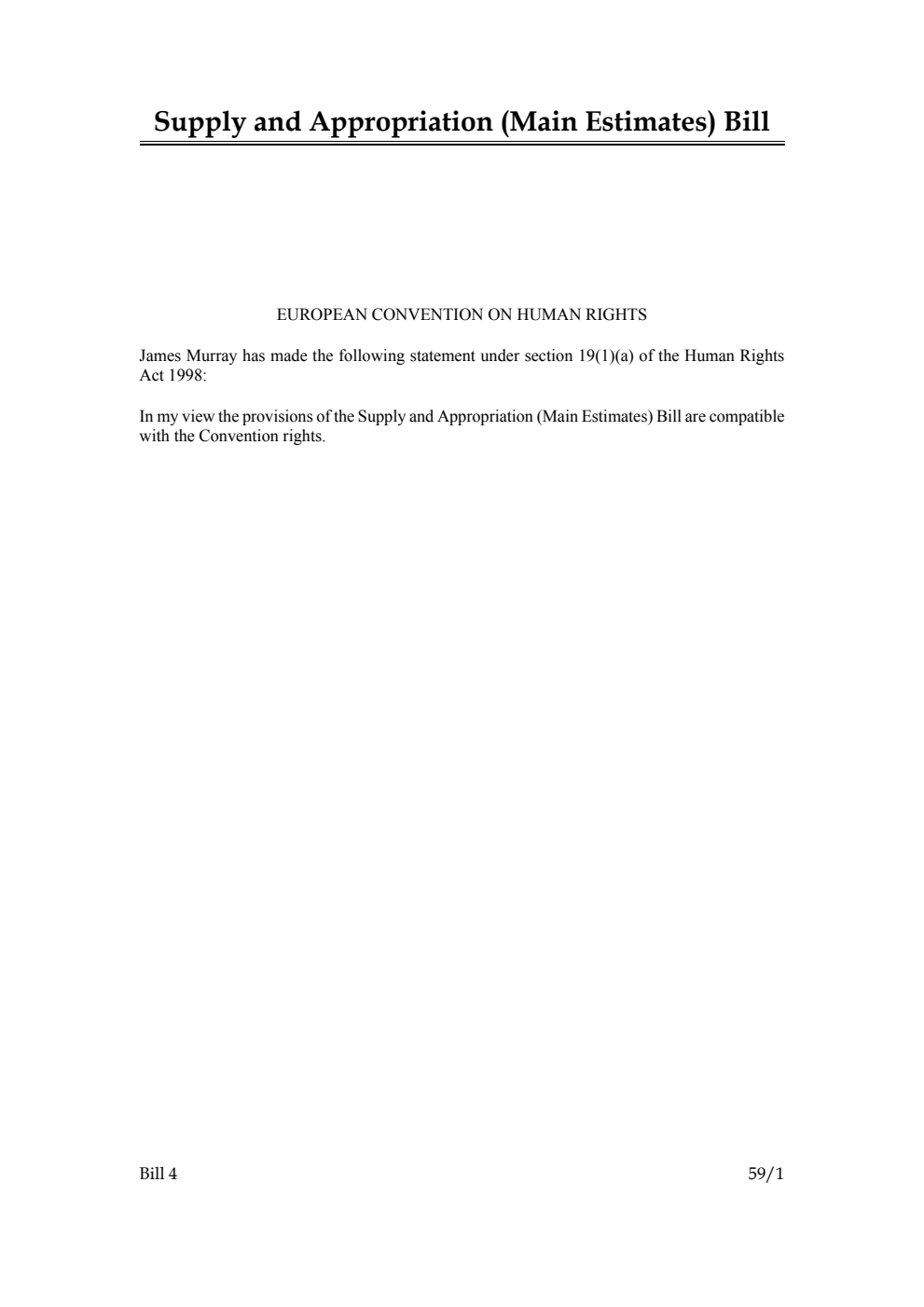 Supply and Appropriation (Main Estimates) Bill