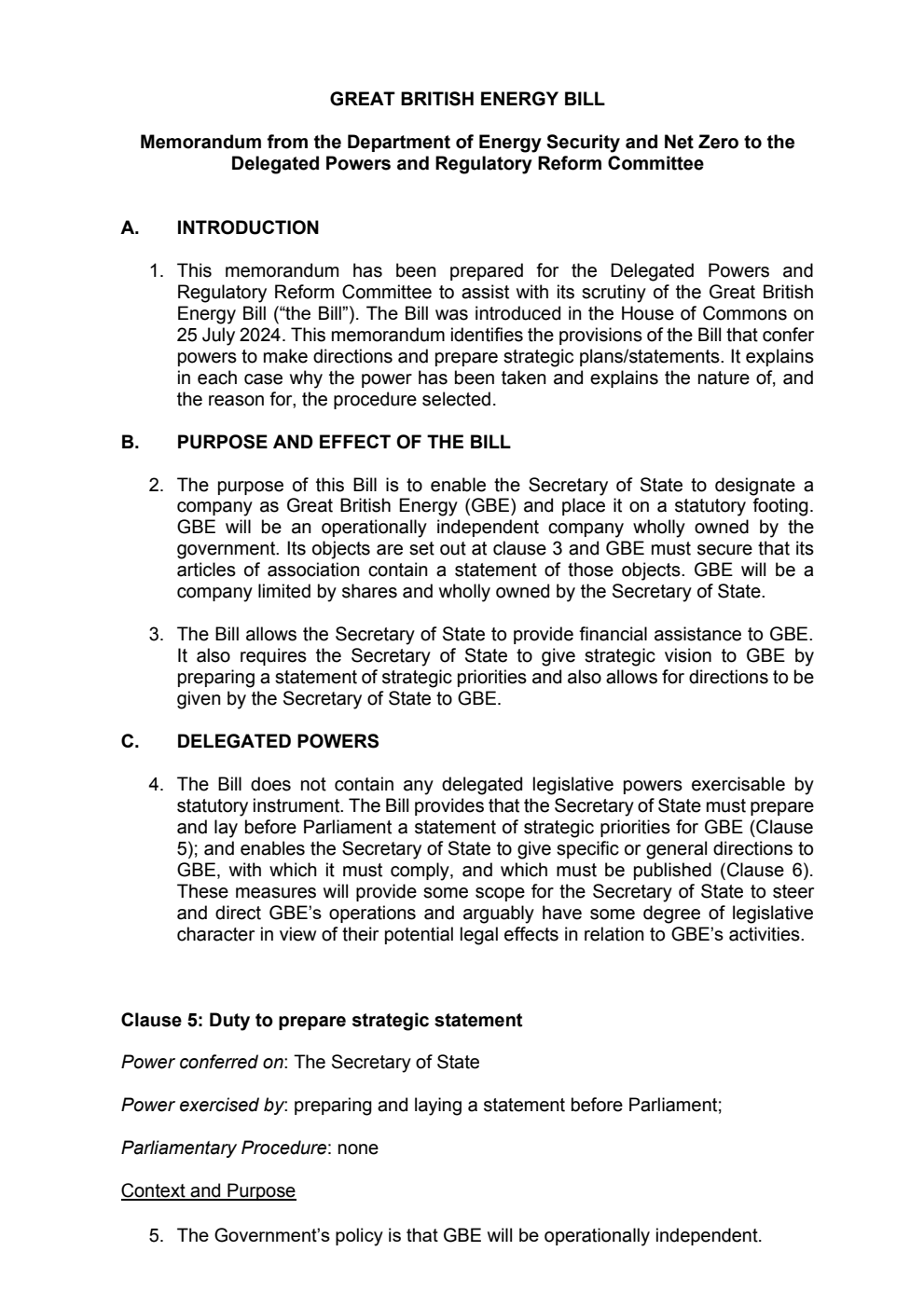 Great British Energy Bill - Memorandum from the Department of Energy Security and Net Zero to the Delegated Powers and Regulatory Reform Committee