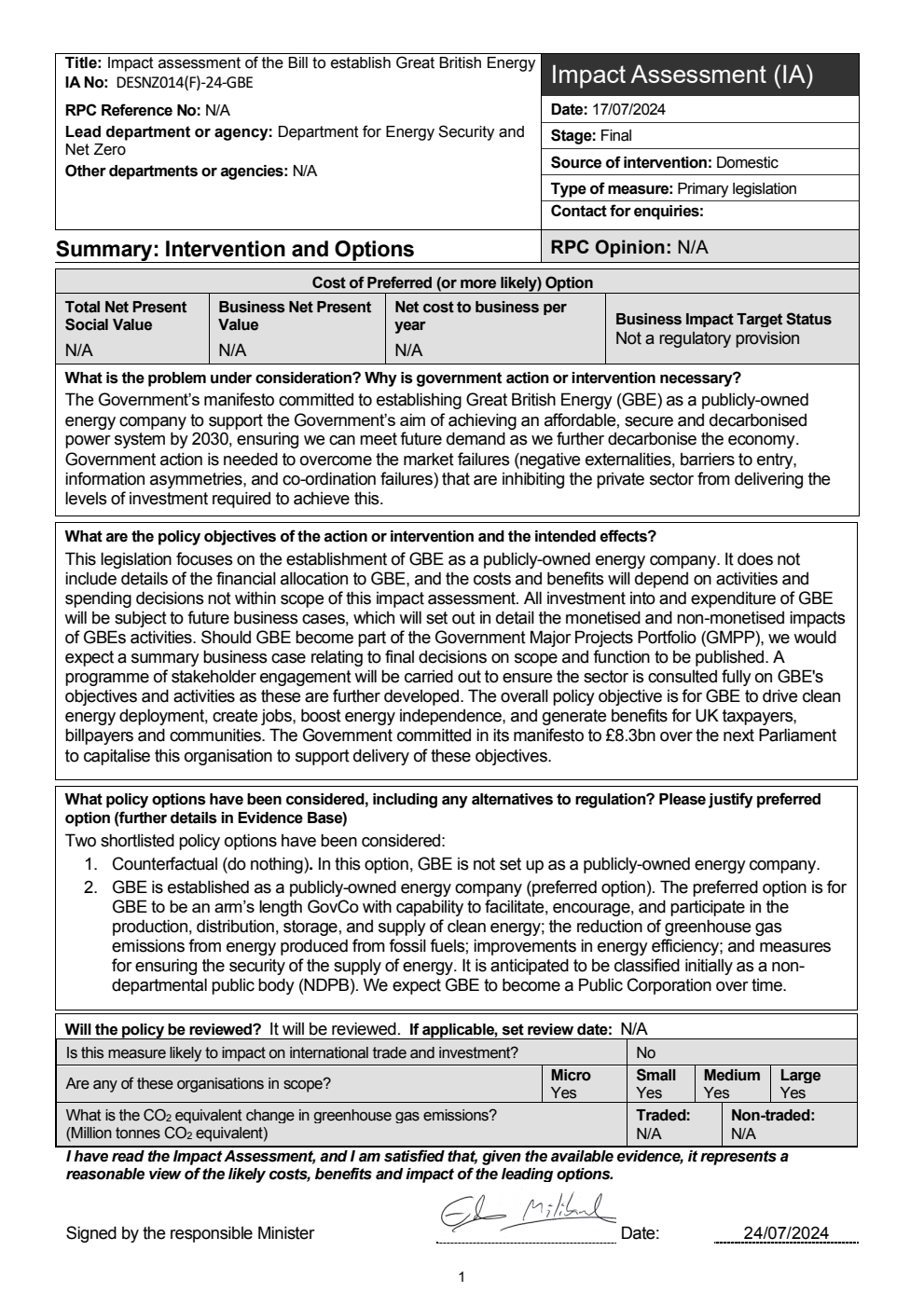 Great British Energy Bill - Impact Assessment