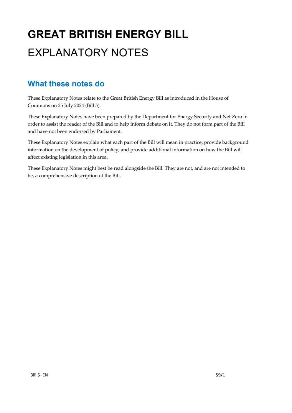 Great British Energy Bill Explanatory Notes