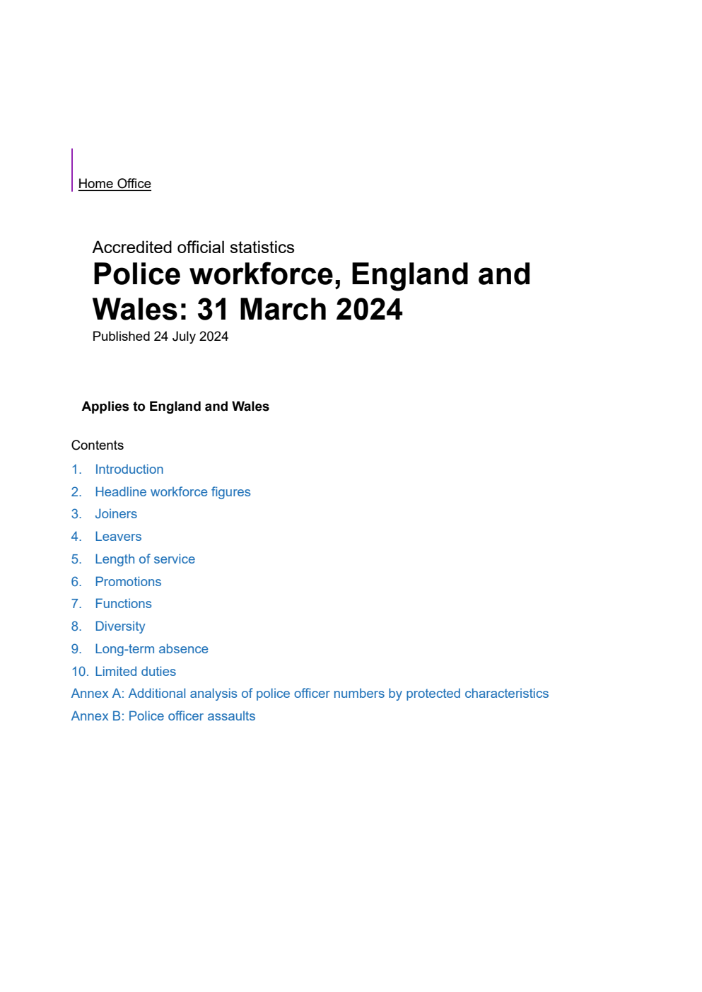 Home Office Statistical Bulletin Police workforce, England and Wales: 31 March 2024