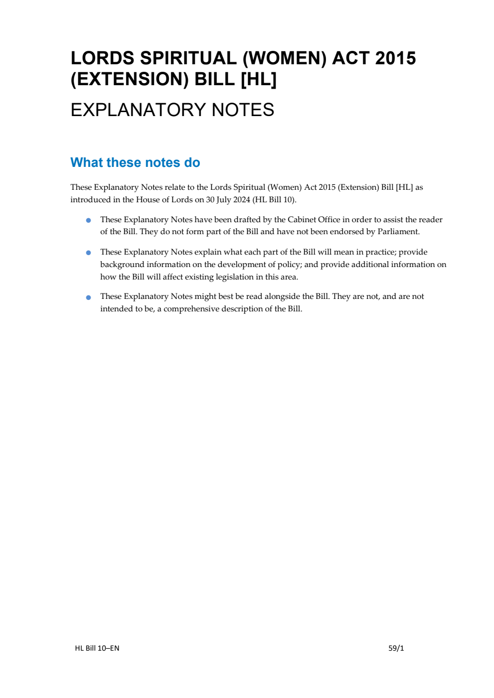 Lords Spiritual (Women) Act 2015 (Extension) Bill Explanatory Notes