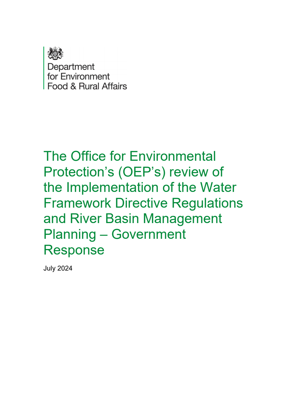 The Office for Environmental Protection’s (OEP’s) review of the Implementation of the Water Framework Directive Regulations and River Basin Management Planning – Government Response