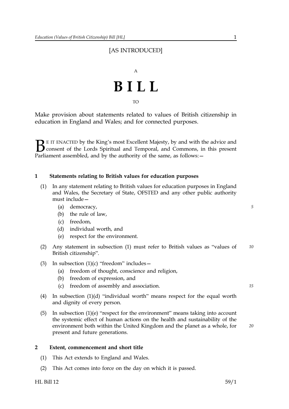 Education (Values of British Citizenship) Bill