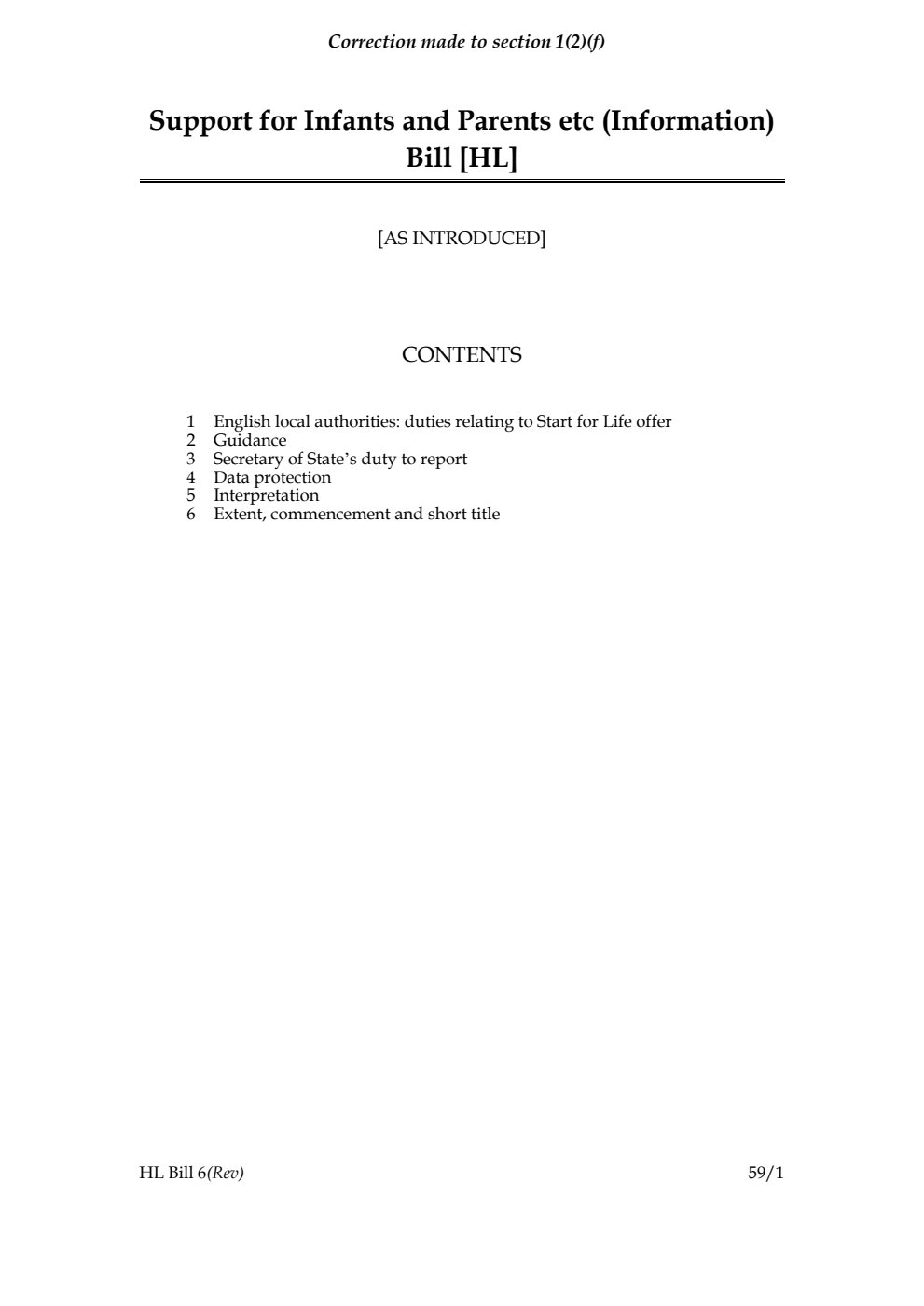 Support for Infants and Parents etc (Information) Bill. Corrected copy