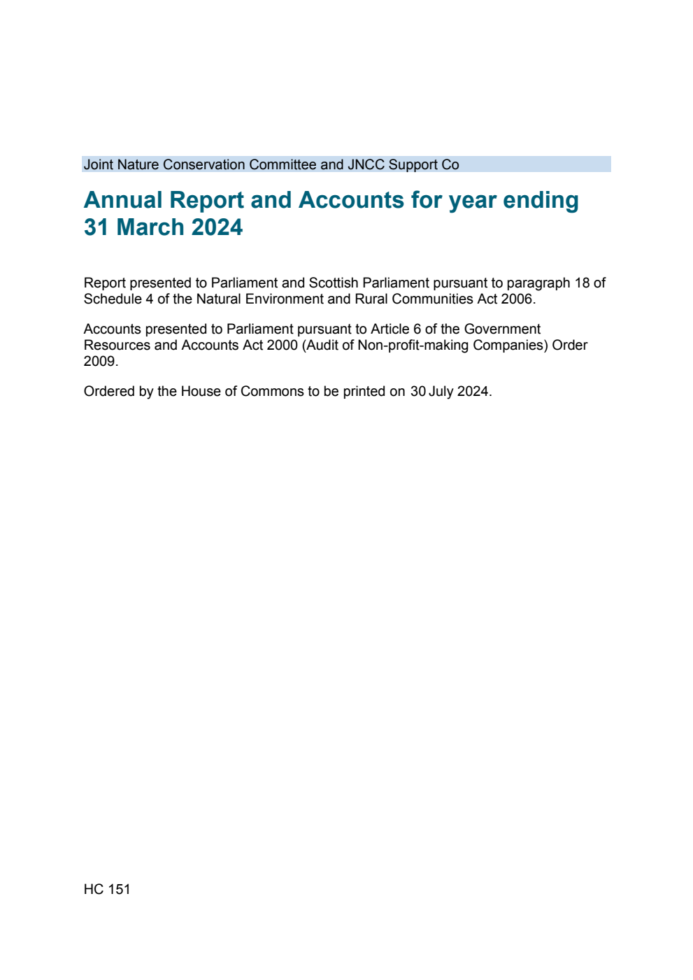Joint Nature Conservation Committee and JNCC Support Co Annual Report and Accounts for year ending 31 March 2024