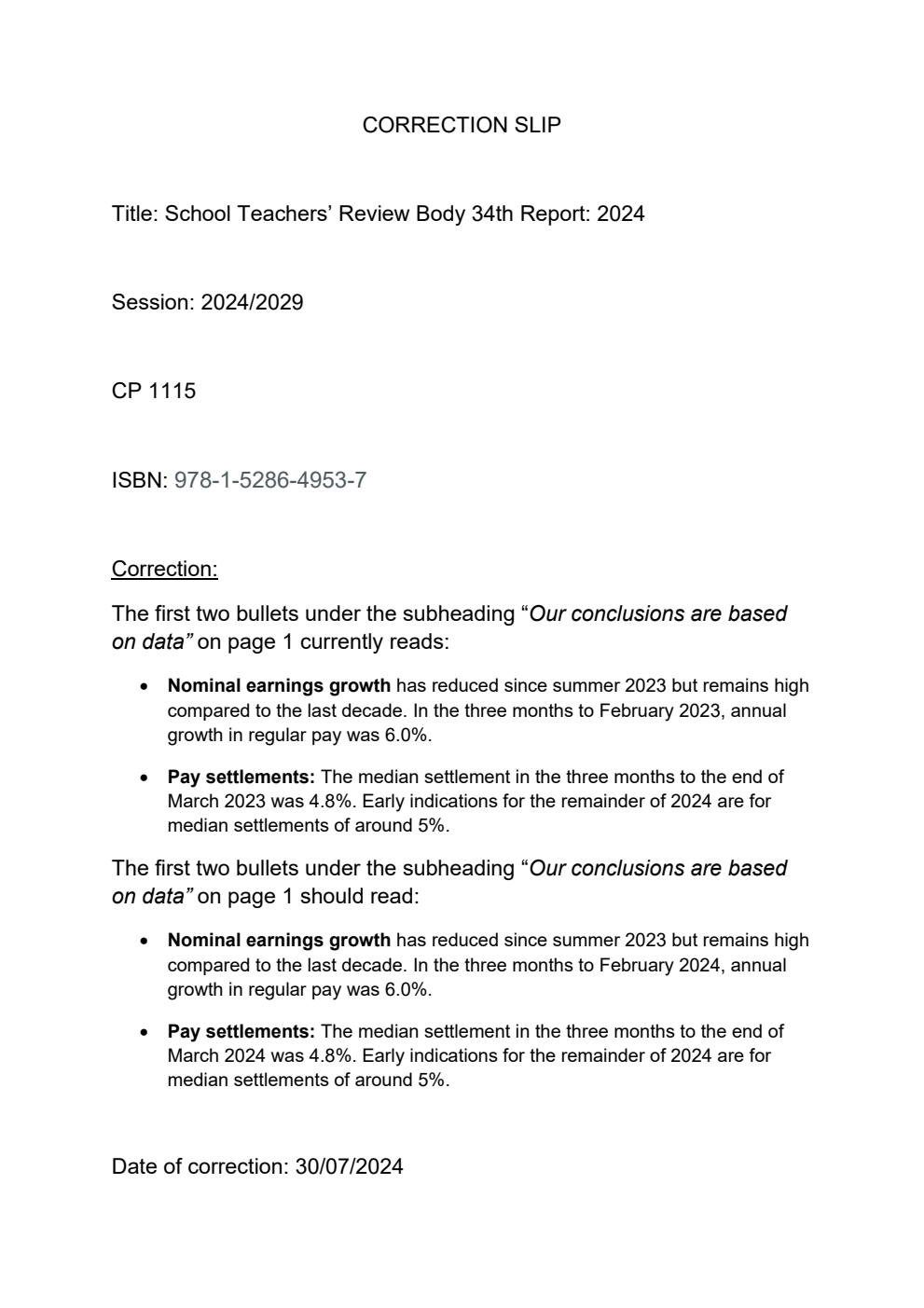 School Teachers’ Review Body Thirty-Fourth Report - 2024. Correction Slip, July 2024