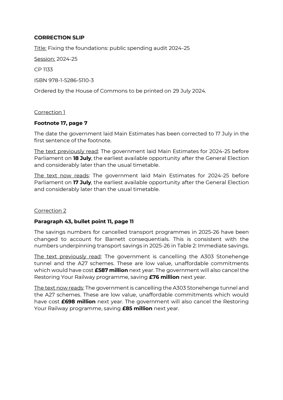 Fixing the foundations. Public spending audit 2024-25. Correction Slip, August 2024