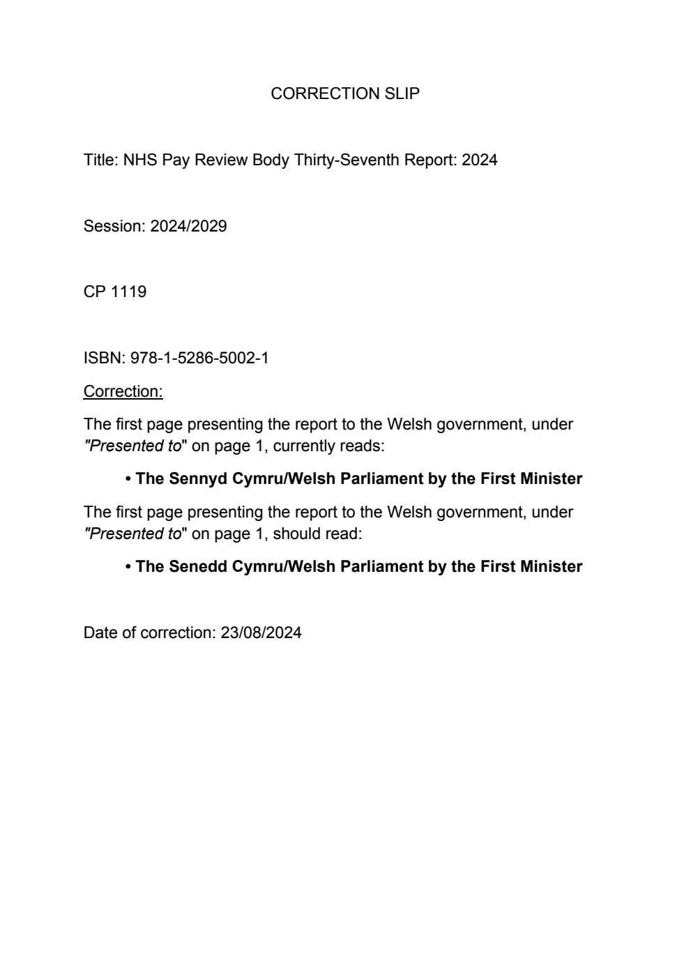 NHS Pay Review Body Thirty-Seventh Report 2024. Correction Slip, August 2024