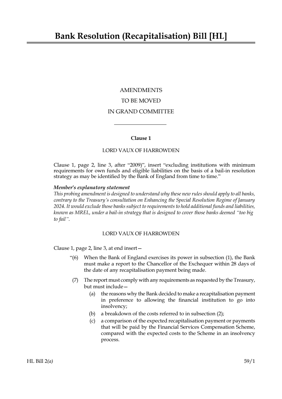 Bank Resolution (Recapitalisation) Bill Amendments to be moved in Grand Committee