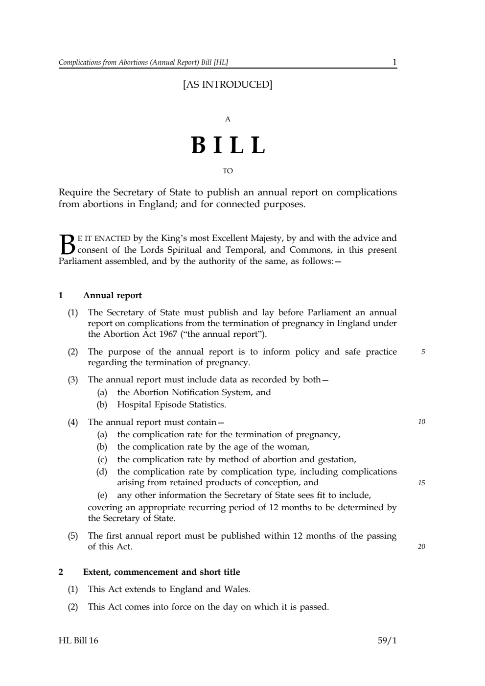 Complications from Abortions (Annual Report) Bill
